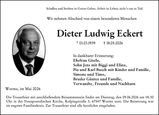 Traueranzeige von Dieter Ludwig Eckert von Wormser Zeitung