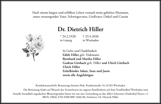 Traueranzeige von Dietrich Hiller von Wiesbadener Kurier