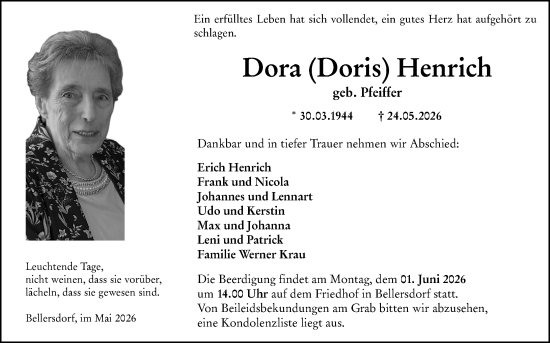 Traueranzeige von Dora Henrich von Dill Block