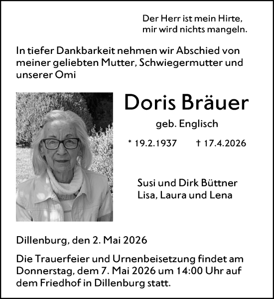 Traueranzeige von Doris Bräuer von Dill Block