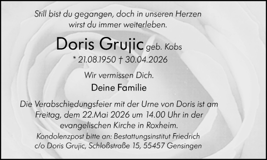 Traueranzeige von Doris Grujic von Binger-/Ingelheimer Wochenblatt