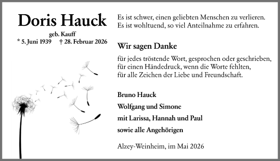 Traueranzeige von Doris Hauck von Allgemeine Zeitung Alzey
