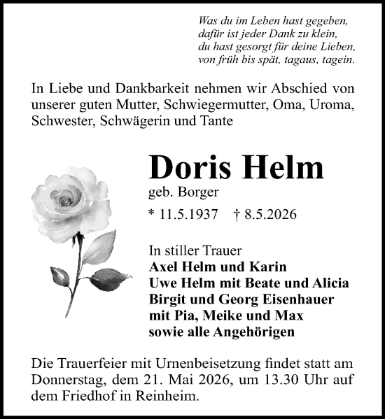 Traueranzeige von Doris Helm von Darmstädter Echo