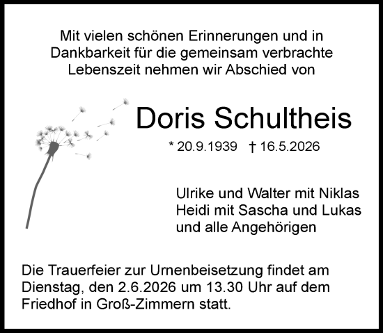 Traueranzeige von Doris Schultheis von Dieburger Anzeiger/Groß-Zimmerner Lokal-Anzeiger