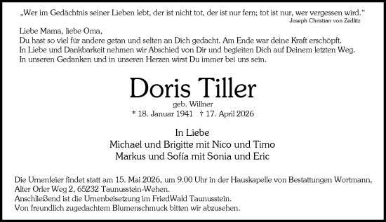 Traueranzeige von Doris Tiller von Wiesbadener Kurier