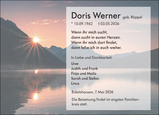 Traueranzeige von Doris Werner von Hinterländer Anzeiger