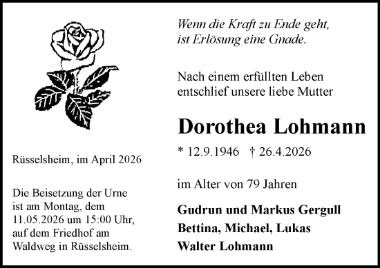 Traueranzeige von Dorothea Lohmann von Rüsselsheimer Echo