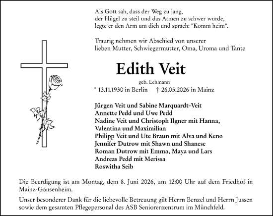 Traueranzeige von Edith Veit von Allgemeine Zeitung Mainz