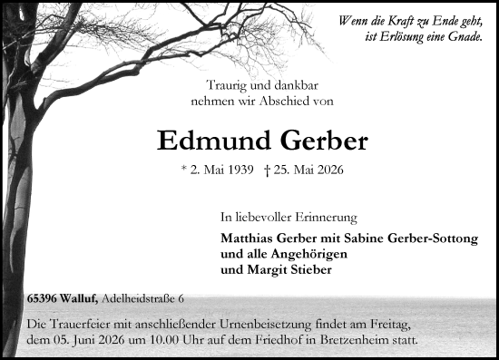 Traueranzeige von Edmund Gerber von Allgemeine Zeitung Rheinhessen-Nahe