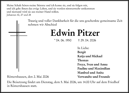 Traueranzeige von Edwin Pitzer von Hinterländer Anzeiger