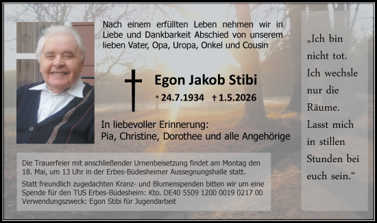 Traueranzeige von Egon Jakob Stibi von Allgemeine Zeitung Alzey