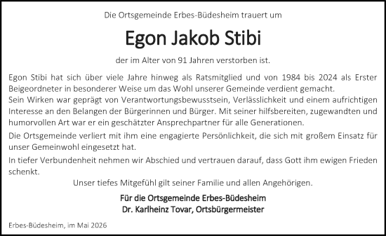 Traueranzeige von Egon Jakob Stibi von Allgemeine Zeitung Alzey