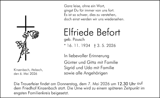 Traueranzeige von Elfriede Befort von Wetzlarer Neue Zeitung