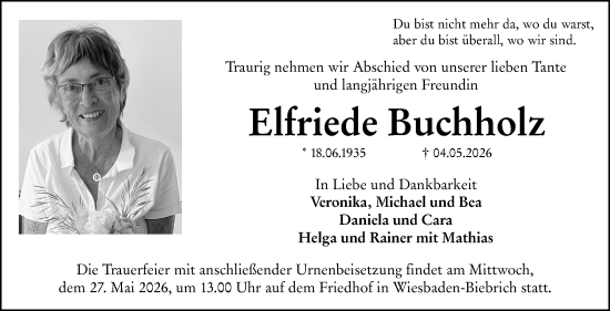 Traueranzeige von Elfriede Buchholz von Wiesbadener Kurier