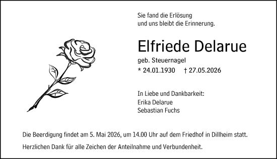 Traueranzeige von Elfriede Delarue von Wetzlarer Neue Zeitung