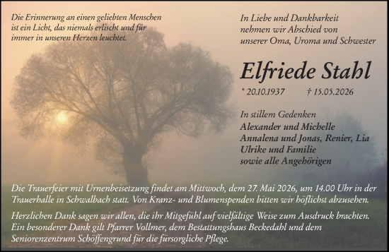 Traueranzeige von Elfriede Stahl von Wetzlarer Neue Zeitung