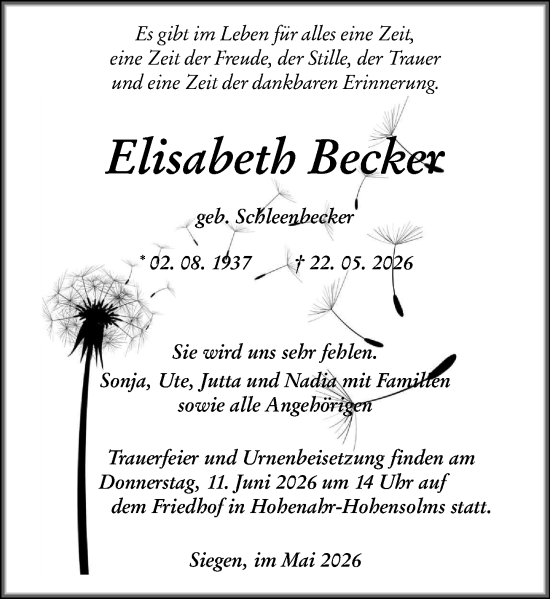 Traueranzeige von Elisabeth Becker von Dill Block