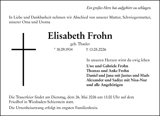 Traueranzeige von Elisabeth Frohn von Wiesbadener Kurier