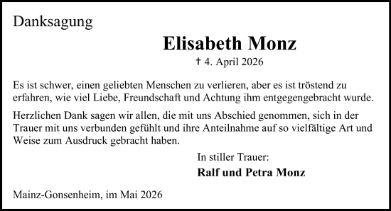Traueranzeige von Elisabeth Monz von Allgemeine Zeitung Mainz