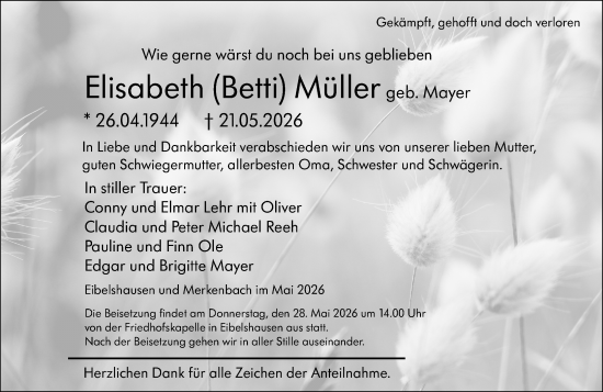 Traueranzeige von Elisabeth Müller von Dill Block
