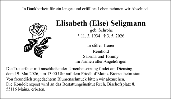 Traueranzeige von Elisabeth Seligmann von Allgemeine Zeitung Mainz