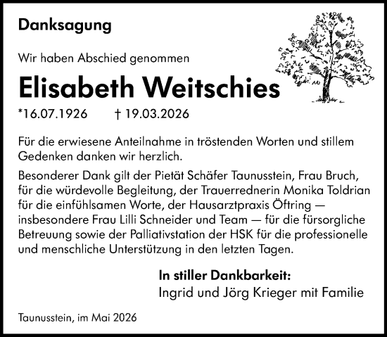 Traueranzeige von Elisabeth Weitschies von Idsteiner Land/Untertaunus