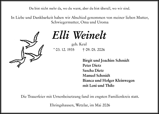 Traueranzeige von Elli Weinelt von Wetzlarer Neue Zeitung