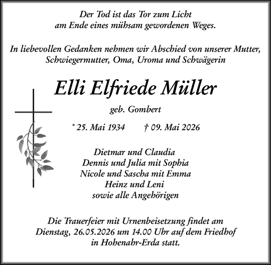 Traueranzeige von Elli Elfriede Müller von Wetzlarer Neue Zeitung