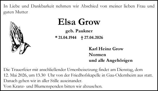 Traueranzeige von Elsa Grow von Allgemeine Zeitung Alzey