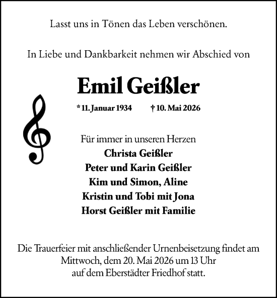 Traueranzeige von Emil Geißler von Darmstädter Echo