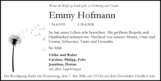 Traueranzeige von Emmy Hofmann von Darmstädter Echo