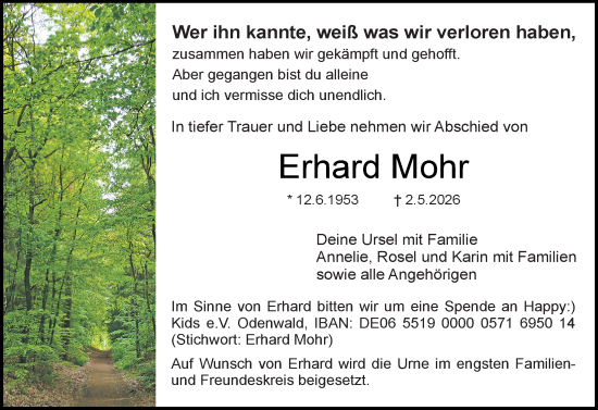 Traueranzeige von Erhard Mohr von Dieburger Anzeiger/Groß-Zimmerner Lokal-Anzeiger