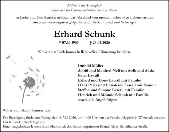 Traueranzeige von Erhard Schunk von Allgemeine Zeitung Alzey