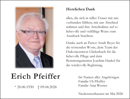 Traueranzeige von Erich Pfeiffer von Hinterländer Anzeiger
