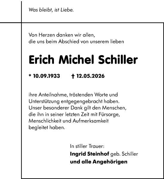 Traueranzeige von Erich Michel Schiller von Wiesbadener Kurier