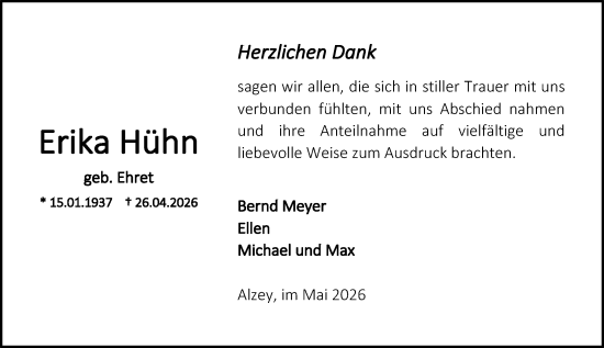 Traueranzeige von Erika Hühn von Allgemeine Zeitung Alzey