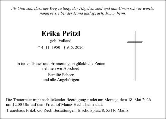 Traueranzeige von Erika Pritzl von Allgemeine Zeitung Mainz