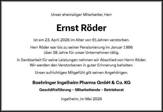 Traueranzeige von Ernst Röder von Allgemeine Zeitung Rheinhessen-Nahe