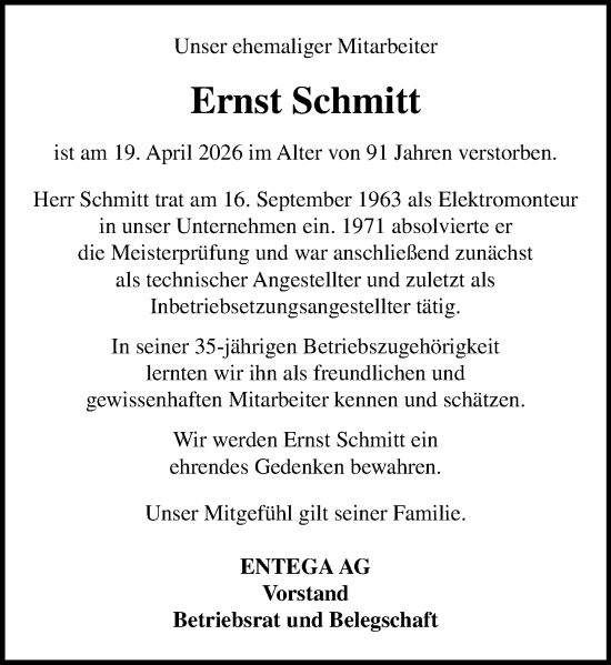 Traueranzeige von Ernst Schmitt von Odenwälder Echo