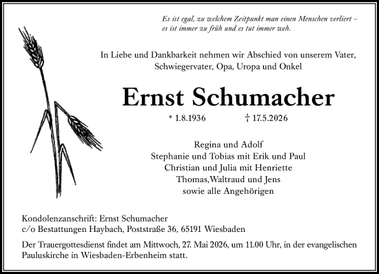 Traueranzeige von Ernst Schumacher von Wiesbadener Kurier
