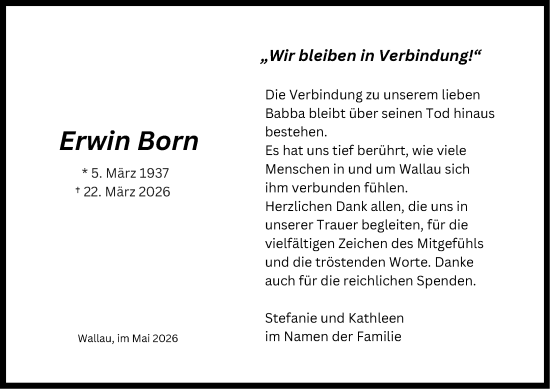 Traueranzeige von Erwin Born von Wiesbadener Kurier