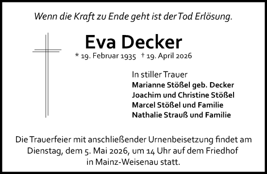 Traueranzeige von Eva Decker von Allgemeine Zeitung Mainz