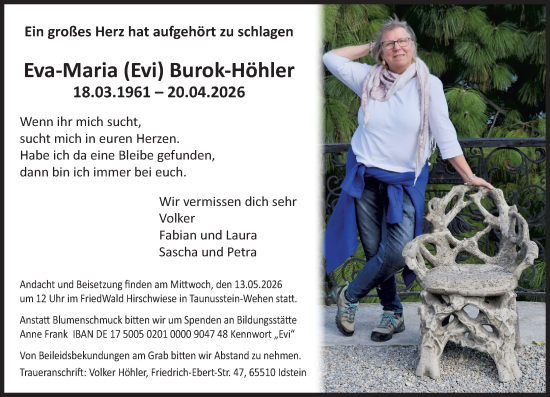 Traueranzeige von Eva-Maria Burok-Höhler von Wiesbadener Kurier