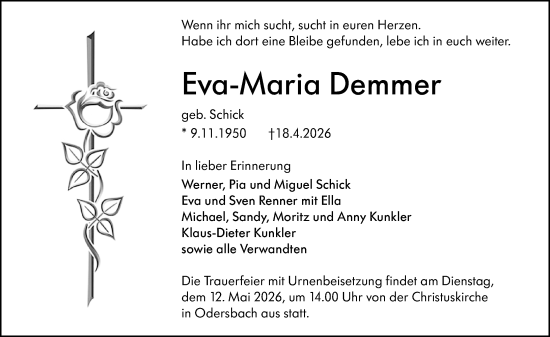 Traueranzeige von Eva-Maria Demmer von Weilburger Tageblatt