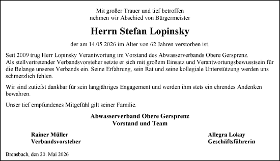 Traueranzeige von Stefan Lopinsky 