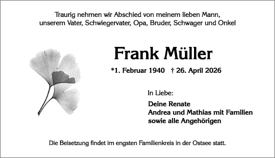 Traueranzeige von Frank Müller von Wiesbadener Kurier