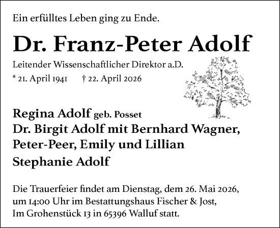 Traueranzeige von Franz-Peter Adolf von Wiesbadener Kurier