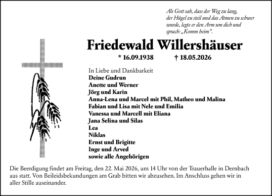 Traueranzeige von Friedewald Willershäuser von Hinterländer Anzeiger