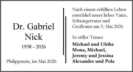 Traueranzeige von Gabriel Nick von Wetzlarer Neue Zeitung