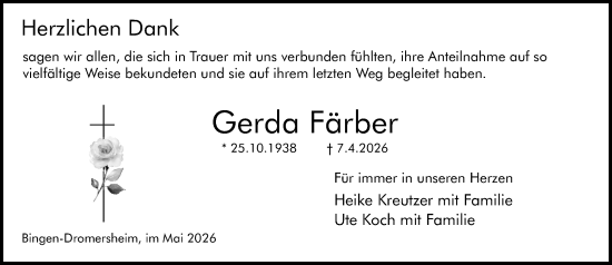 Traueranzeige von Gerda Färber von Allgemeine Zeitung Rheinhessen-Nahe